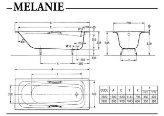 Ванна чугунная Jacob Delafon Melanie E2925-00 170х70 с отверстиями для ручек