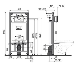 Инсталляция для подвесного унитаза Alcaplast A101 (AM101/1120-4:1 RU M70-001) с кнопкой смыва белый