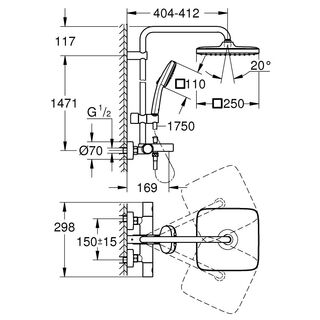 Душевая система Grohe Tempesta Cosmopolitan 250 Cube 26691001 для ванны для настенного монтажа с термостатом и изливом на ванну